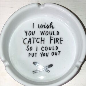 AdamJK x Urban Outfitter White Ceramic Ashtray with Black Text, pre-owned